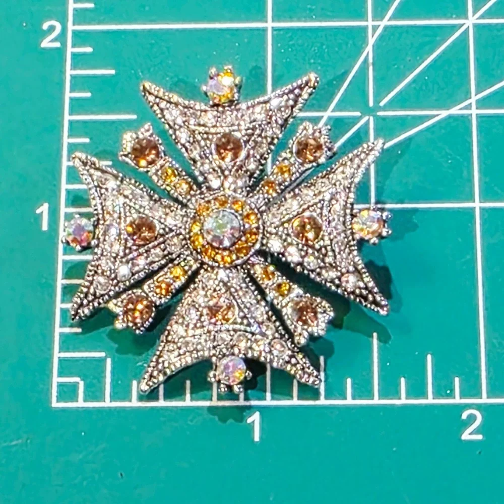 Silver Tone With Clear And Amber Colored Rhinestones Maltese Cross Brooch Pin